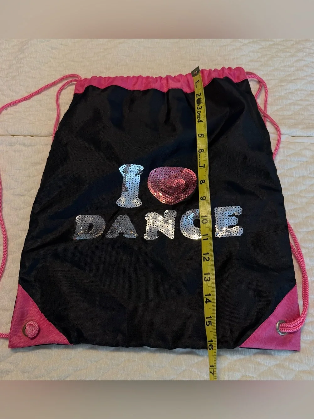 I ❤️ Dance Nylon Knapsack Bag Black Pink Silver Sequins